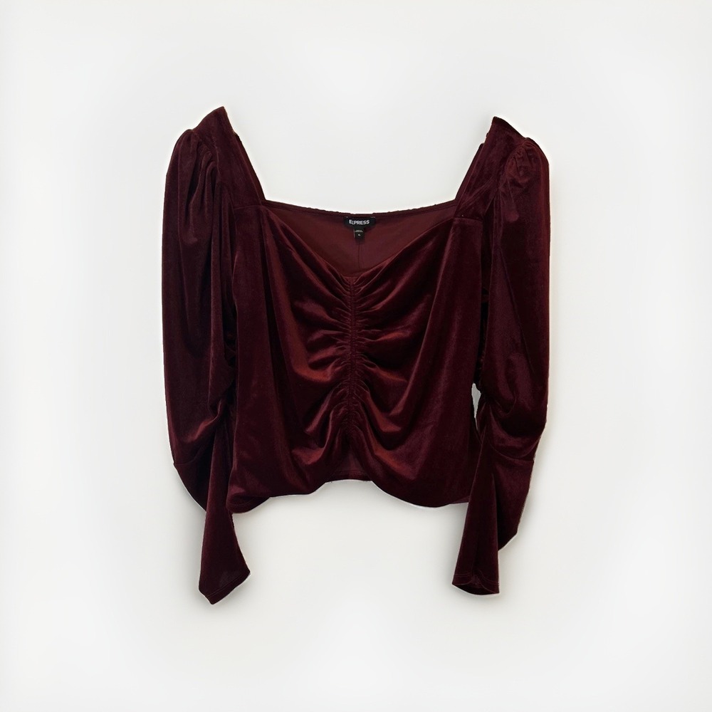 Express Velvet Blouse Women XL Burgundy Red Long Sleeve Square Neck Ruched NWT